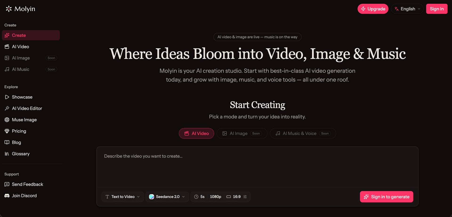 Molyin — AI Creation Platform for Video, Image, Music & Voice - Product Image